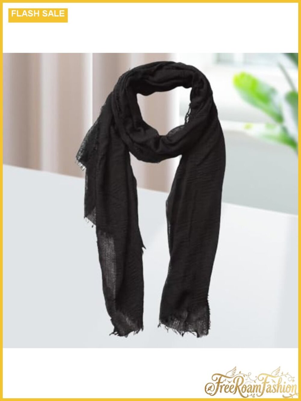 Cotton Linen Blend Crinkle Textured Scarf with Fringe Shawl for Travel